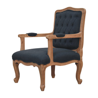 Navarre Armchair Navy Linen Buttoned French Style Carved Cabriole