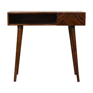 Sable Writing Desk Mango Wood Herringbone-Carved Drawer Dark Chestnut