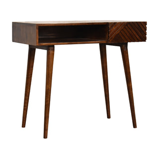 Sable Writing Desk Mango Wood Herringbone-Carved Drawer Dark Chestnut