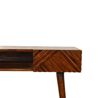 Sable Writing Desk Mango Wood Herringbone-Carved Drawer Dark Chestnut