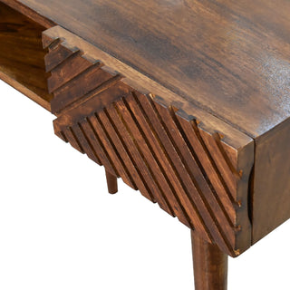 Sable Writing Desk Mango Wood Herringbone-Carved Drawer Dark Chestnut
