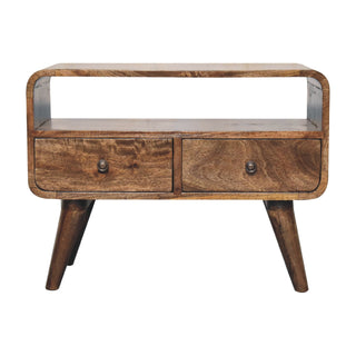 Ashe Compact Media Unit Grey-Washed Mango Wood Curved Corners Twin Drawers with Nordic Legs