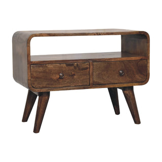 Ashe Compact Media Unit Grey-Washed Mango Wood Curved Corners Twin Drawers with Nordic Legs