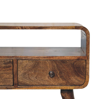 Ashe Compact Media Unit Grey-Washed Mango Wood Curved Corners Twin Drawers with Nordic Legs