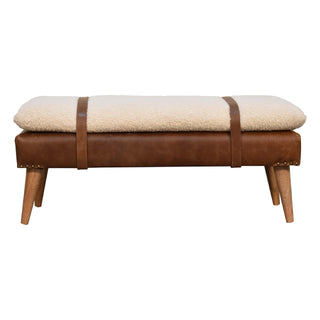 Breva Entryway Bench Cream Bouclé Seat Mid-Brown Leather Central Buckle Natural Oak Legs