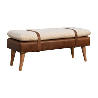 Breva Entryway Bench Cream Bouclé Seat Mid-Brown Leather Central Buckle Natural Oak Legs