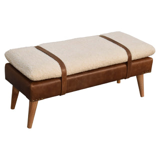 Breva Entryway Bench Cream Bouclé Seat Mid-Brown Leather Central Buckle Natural Oak Legs