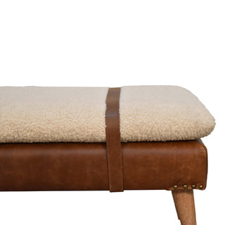 Breva Entryway Bench Cream Bouclé Seat Mid-Brown Leather Central Buckle Natural Oak Legs