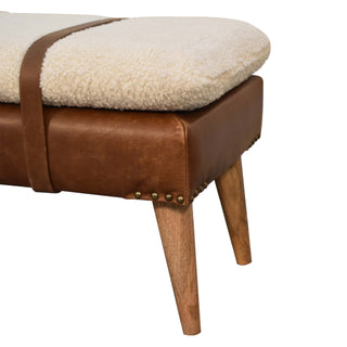 Breva Entryway Bench Cream Bouclé Seat Mid-Brown Leather Central Buckle Natural Oak Legs