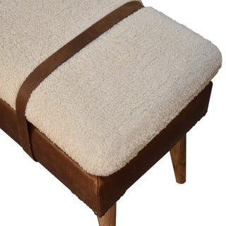 Breva Entryway Bench Cream Bouclé Seat Mid-Brown Leather Central Buckle Natural Oak Legs