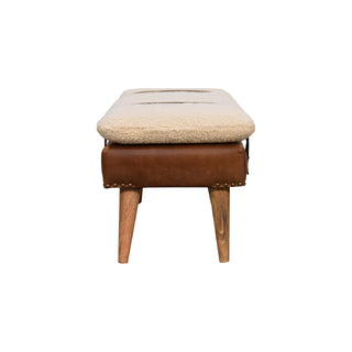 Breva Entryway Bench Cream Bouclé Seat Mid-Brown Leather Central Buckle Natural Oak Legs