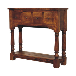 Rowan Narrow Console Table with Drawers Chestnut Turned Legs Open Shelf