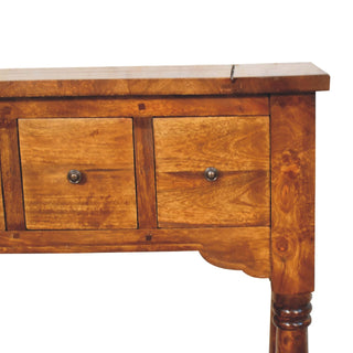 Rowan Narrow Console Table with Drawers Chestnut Turned Legs Open Shelf