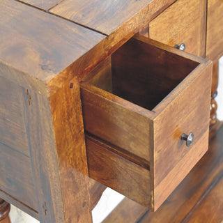 Rowan Narrow Console Table with Drawers Chestnut Turned Legs Open Shelf