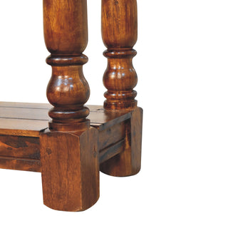 Rowan Narrow Console Table with Drawers Chestnut Turned Legs Open Shelf