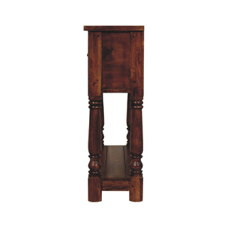 Rowan Narrow Console Table with Drawers Chestnut Turned Legs Open Shelf