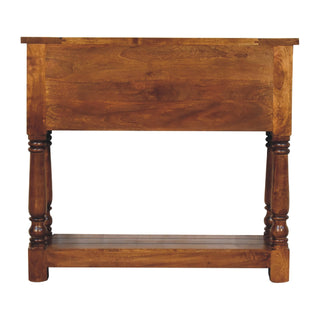 Rowan Narrow Console Table with Drawers Chestnut Turned Legs Open Shelf