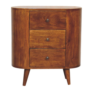 Pebeo Bedside Cabinet Oval Tower Three-Drawer Chestnut Compact Scandi
