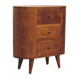 Pebeo Bedside Cabinet Oval Tower Three-Drawer Chestnut Compact Scandi