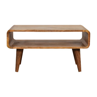 Finn Compact Media Unit Natural Oak Mango Wood Rounded Open Compartment with Tapered Legs