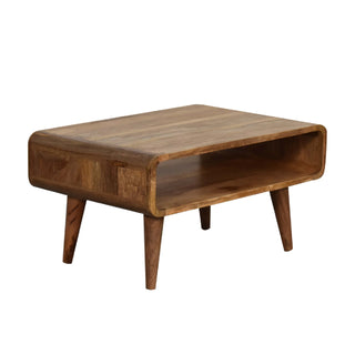 Finn Compact Media Unit Natural Oak Mango Wood Rounded Open Compartment with Tapered Legs