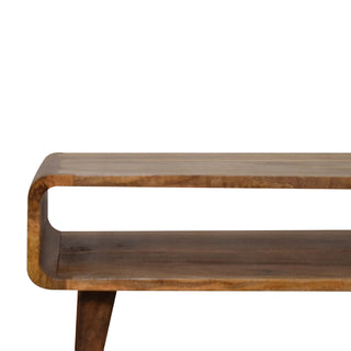 Finn Compact Media Unit Natural Oak Mango Wood Rounded Open Compartment with Tapered Legs