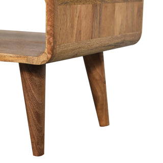 Finn Compact Media Unit Natural Oak Mango Wood Rounded Open Compartment with Tapered Legs