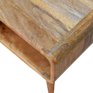 Finn Compact Media Unit Natural Oak Mango Wood Rounded Open Compartment with Tapered Legs