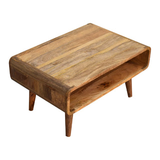 Finn Compact Media Unit Natural Oak Mango Wood Rounded Open Compartment with Tapered Legs