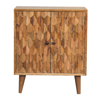 Remi Display Cabinet Compact Diamond-Leaf Relief Carved Natural Oak Twin-Door