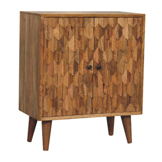Remi Display Cabinet Compact Diamond-Leaf Relief Carved Natural Oak Twin-Door