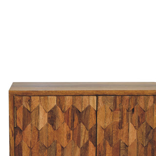 Remi Display Cabinet Compact Diamond-Leaf Relief Carved Natural Oak Twin-Door