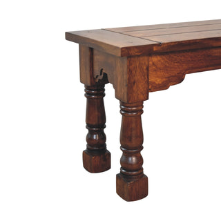 Granary Dining Bench Solid Mango Wood Thick Plank Seat Hand-Turned Column Legs Dark Chestnut
