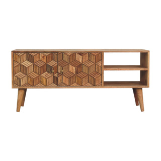 Axiom Media Unit Oak Finish 3D Cube Marquetry Doors Open Shelf