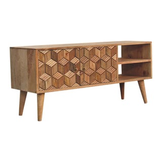 Axiom Media Unit Oak Finish 3D Cube Marquetry Doors Open Shelf