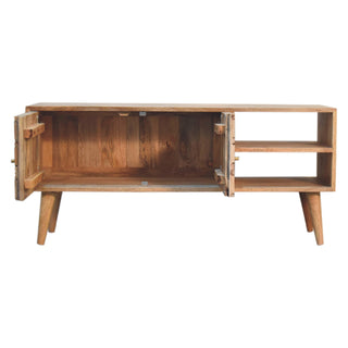 Axiom Media Unit Oak Finish 3D Cube Marquetry Doors Open Shelf