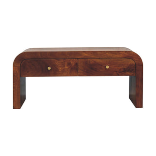 Cove Media Unit Chestnut Mango Wood Waterfall-Edge Wraparound Body Twin Drawers with Brass Knobs