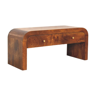 Cove Media Unit Chestnut Mango Wood Waterfall-Edge Wraparound Body Twin Drawers with Brass Knobs