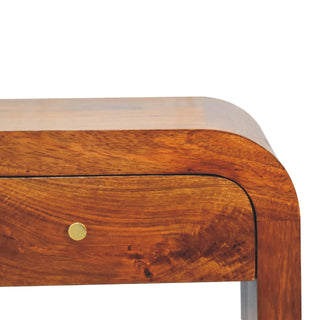 Cove Media Unit Chestnut Mango Wood Waterfall-Edge Wraparound Body Twin Drawers with Brass Knobs