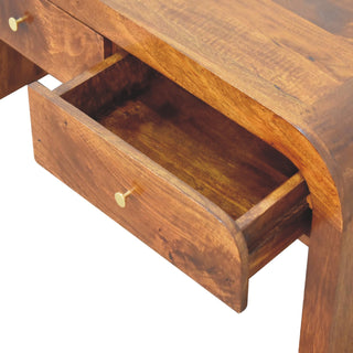 Cove Media Unit Chestnut Mango Wood Waterfall-Edge Wraparound Body Twin Drawers with Brass Knobs