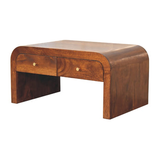 Bento Coffee Table with Drawers Solid Wood Waterfall Body Brass Knobs Chestnut