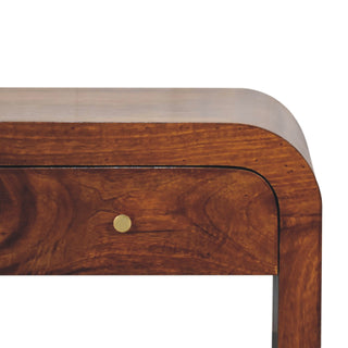 Bento Coffee Table with Drawers Solid Wood Waterfall Body Brass Knobs Chestnut
