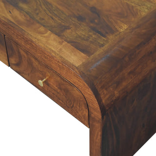 Bento Coffee Table with Drawers Solid Wood Waterfall Body Brass Knobs Chestnut