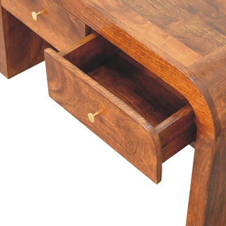 Bento Coffee Table with Drawers Solid Wood Waterfall Body Brass Knobs Chestnut