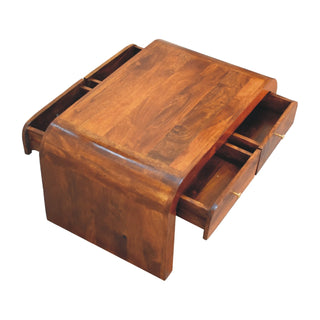 Bento Coffee Table with Drawers Solid Wood Waterfall Body Brass Knobs Chestnut