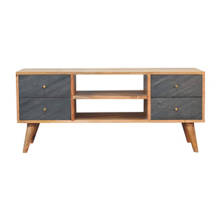 Slate Media Unit Oak & Grey Ribbed Drawer Fronts Brass Knobs with Nordic Tapered Legs