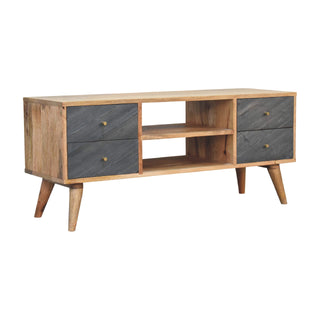 Slate Media Unit Oak & Grey Ribbed Drawer Fronts Brass Knobs with Nordic Tapered Legs