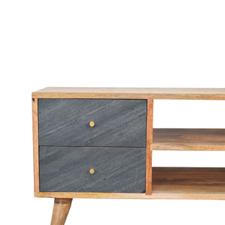 Slate Media Unit Oak & Grey Ribbed Drawer Fronts Brass Knobs with Nordic Tapered Legs