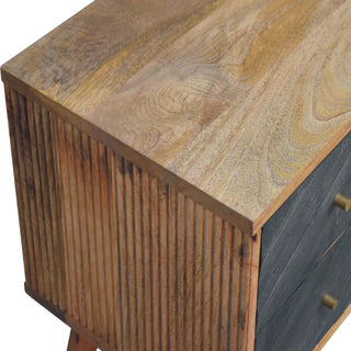 Slate Media Unit Oak & Grey Ribbed Drawer Fronts Brass Knobs with Nordic Tapered Legs