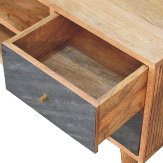 Slate Media Unit Oak & Grey Ribbed Drawer Fronts Brass Knobs with Nordic Tapered Legs